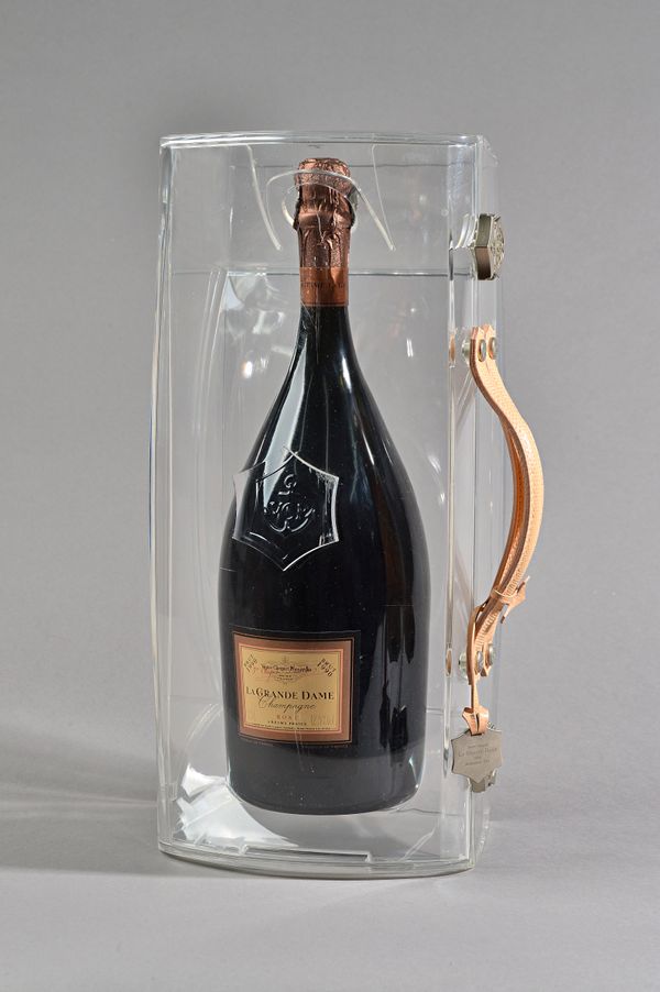 One magnum 1990 Veuve Clicquot Ponsardin rose, La Grande, Dame champagne in a perspex presentation case.  Illustrated