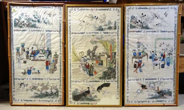 A set of three Chinese handpainted silk rectangular panels in the 18th century style, each with courtly central panel in between naturalistic views (3