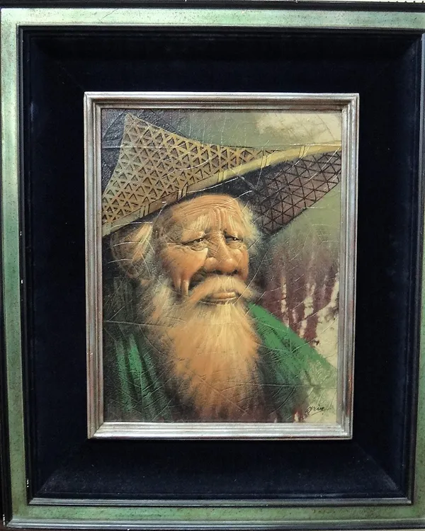 ** Gris (20th century), Portrait of an elderly Chinese man; Portrait of an elderly Chinese woman, a pair, oil on leaves laid on board, both signed, ea