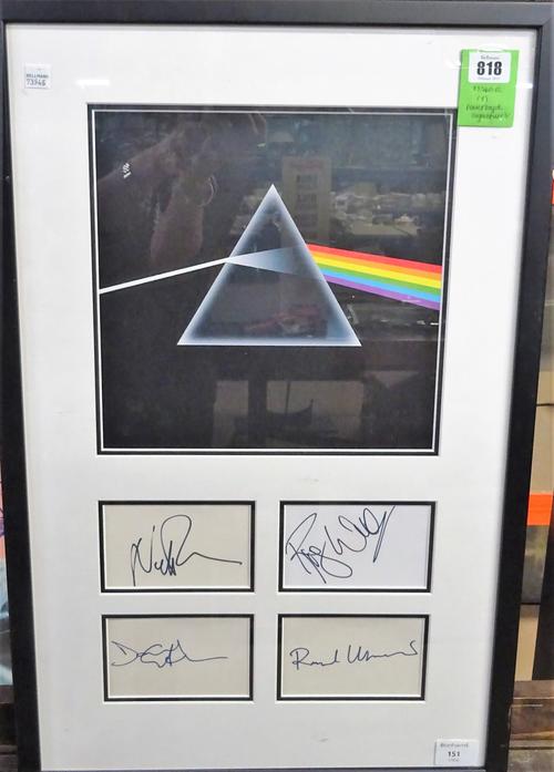 PINK FLOYD SIGNATURES:  Nick Mason, Roger Waters, David Gilmour and Richard Wright signatures in various blue marker pens, on four separate pieces of
