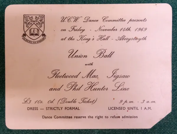 FLEETWOOD MAC:  an autographed concert ticket, 1969, for the band appearing at the Union Ball, King's Hall, University College Wales, Aberystwyth, Fri