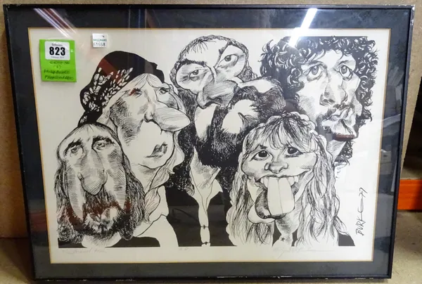 FLEETWOOD MAC: PHILIP BURKE (b. 1956) - a pen and ink caricature of the five band members, 1977, 31cm x 45.5cm within mount, titled, a.p., and artist'