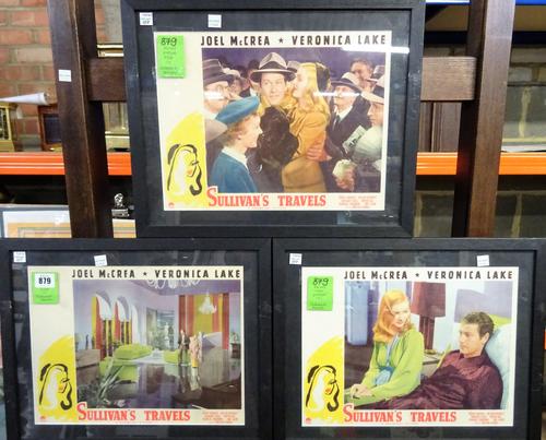 SULLIVANS TRAVELS:  Paramount, 1941, three lobby cards, 25.5cm x 35.5cm within mounts, starring John McCrae and Veronica Lake, framed and glazed.  (3)