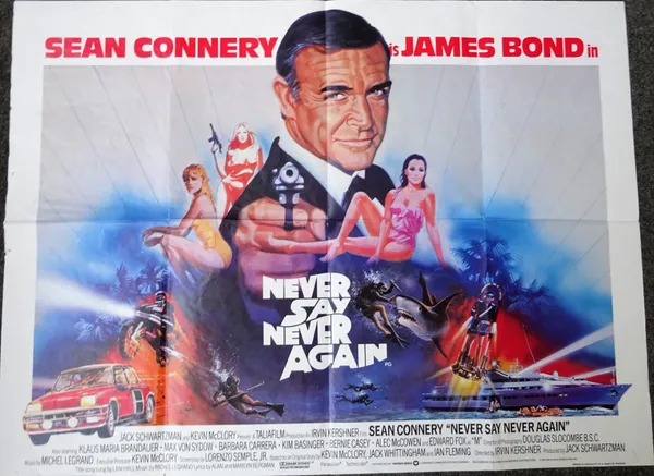 NEVER SAY NEVER AGAIN;  Warner Bros.,1983, British Quad film poster, 75.5cm x 100.5cm, printed W.E. Berry, Bradford, starring Sean Connery as 007, Max