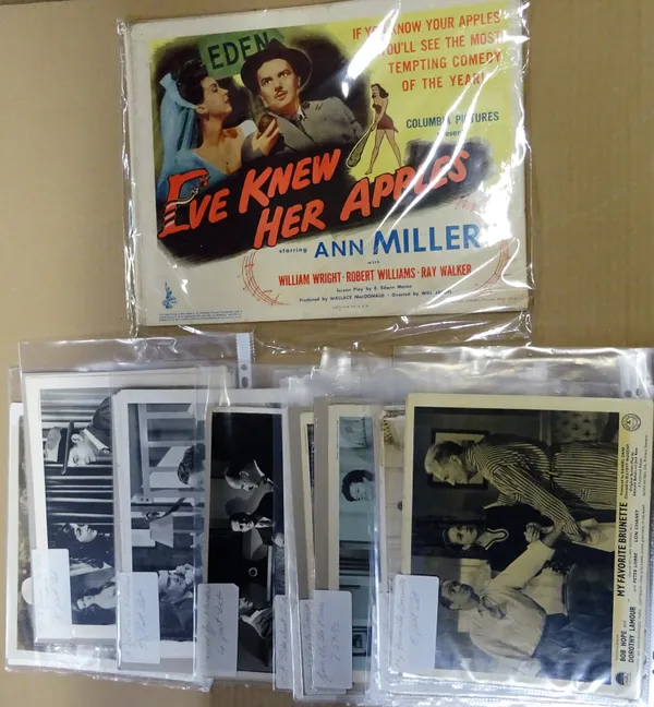 VINTAGE FILM LOBBY CARDS, 1940s:  mostly black and white, 23cm x 25.5cm, including a set of eight colour for 'Eve Knew her Apples', Columbia Pictures,