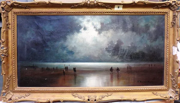 W. Vernon Myers (19th/20th century), after van Hier, Moonlit coastal scene with figures, oil on canvas, signed, 29cm x 60cm.