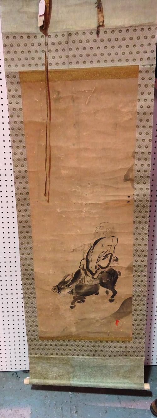 Two Chinese scroll paintings, pen and wash, one painted with a figure crossing a bridge in a landscape, signed and with seal, the other depicting a ma