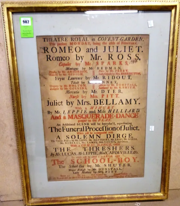 THEATRE ROYAL COVENT GARDEN:  a theatre handbill, 'Romeo & Juliet', 1755,. Romeo by Mr. Ross, Juliet by Mrs. Bellamy, Montague by Mr. Redmond & Capule