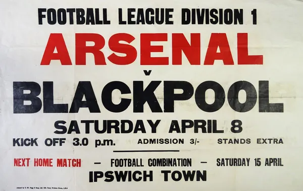 VINTAGE FOOTBALL POSTER:  Arsenal v Blackpool, Saturday April 8, 1958/59 season, Football League Division 1, printed V.W Pegg, Walham Green, 63cm x 99