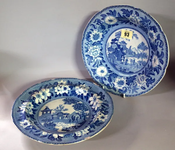 A mixed quantity of mostly early 19th century blue and white transfer print decorated plates and bowl to include a Zebra pattern bowl and another in t