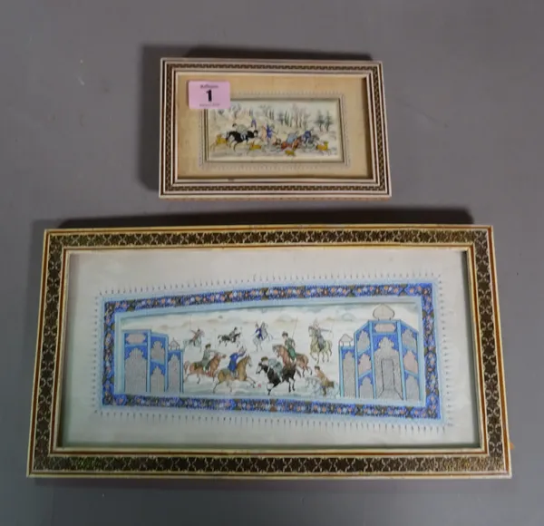 An Indian painting of a polo scene on ivory and another, framed, 17cm wide x 11cm high, (2).  CAB