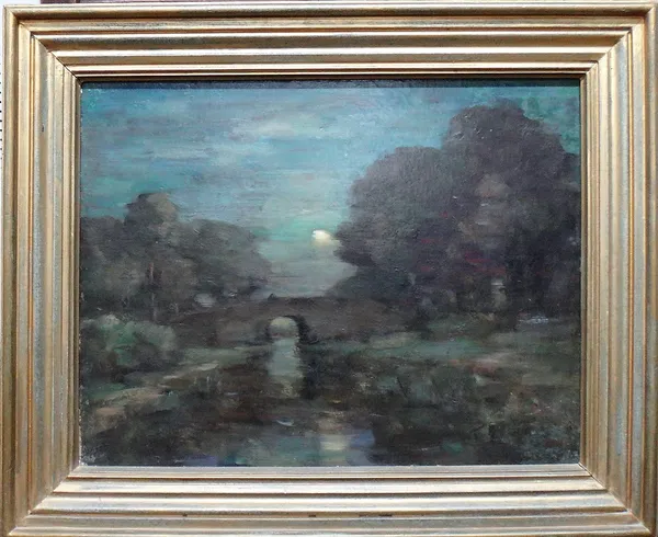 British School (20th century), Moonlit river landscape with bridge, oil on canvas, 42cm x 55cm.  H1