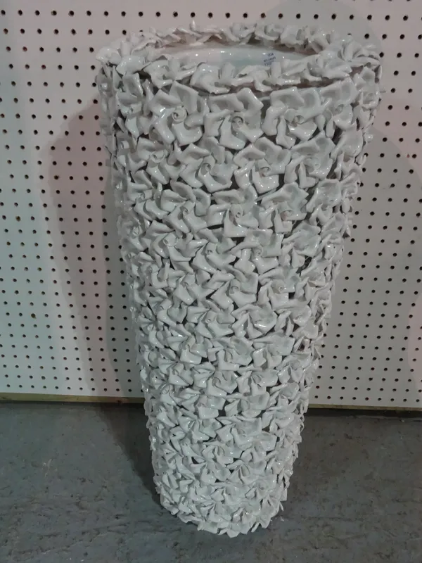 A large 20th century white glaze vase with encrusted leaf decoration, 80cm high.  H1