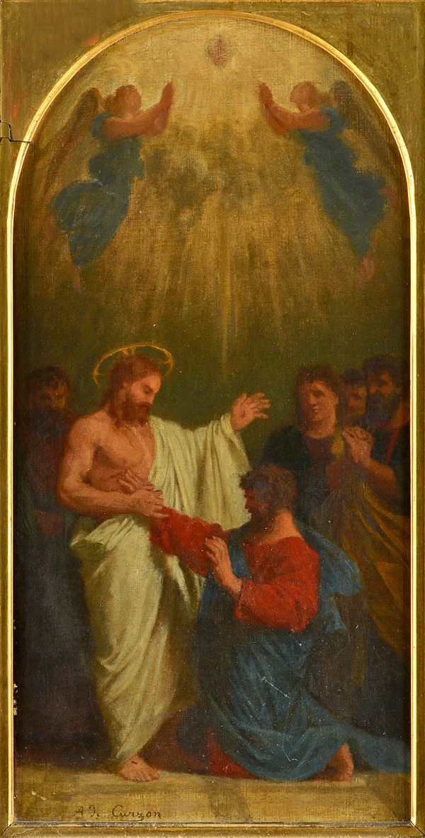 Paul Alfred de Curzon (1820-1895), 'L'Incredulite de S. Thomas': Christ and Doubting Thomas, oil on canvas, signed, arched top, 39cm x 19cm. Illustrat