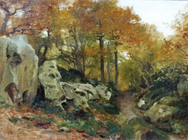 Paul Alfred de Curzon (1820-1895), Gorge aux loops, Fontainebleu, oil on canvas, signed with monogram, 27cm x 37cm, and another depicting a stream in