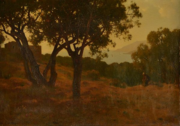 Paul Alfred de Curzon (1820-1895), An Italianate coastal landscape with figure, oil on canvas, signed, 48cm x 70cm. Illustrated