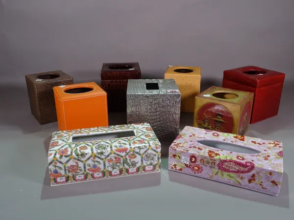 A quantity of 20th century decorative tissue box holders in leather, metal, wood and sundry, (qty).  S4M