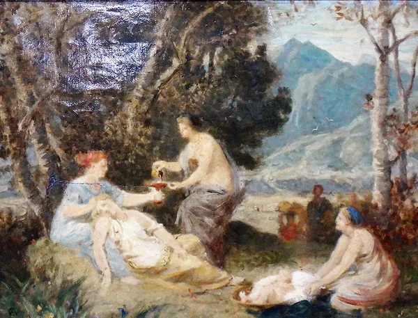 Paul Alfred de Curzon (1820-1895), Classical figures in a glade, oil on canvas, signed with monogram, 29cm x 39cm.Catalogue no. 72 in Henri de Curzon'