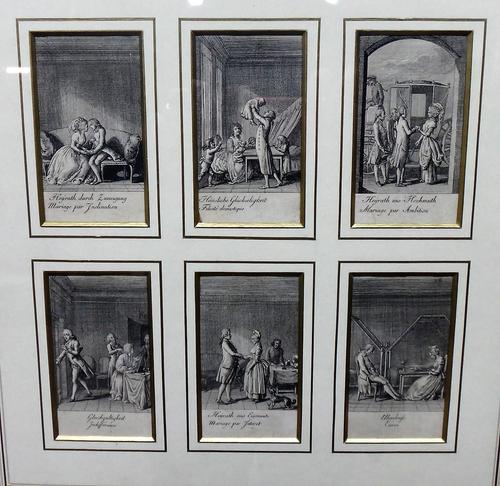 After Chodowiecki, Motives for marriage, six engravings, framed as one, each 9cm x 5cm.