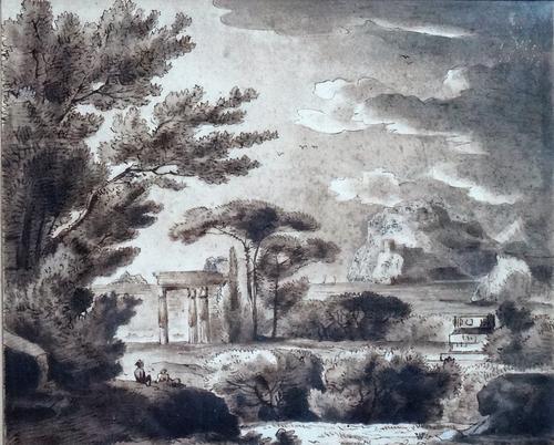 After Claude Lorrain, Classical landscape, pen, ink and sepia wash, 16cm x 18.5cm.