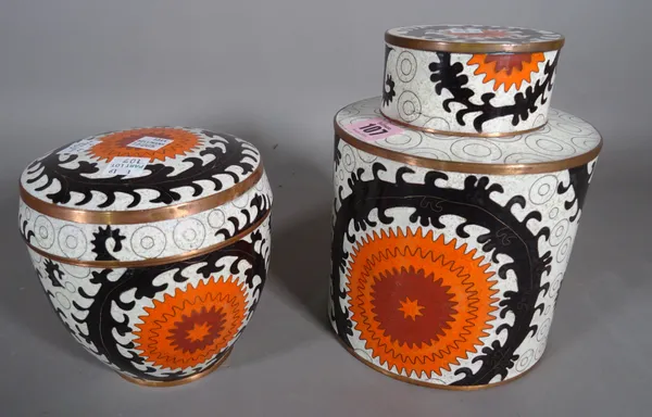 A 20th century cloisonne pot decorated in white, orange and black and another, (2).  CAB