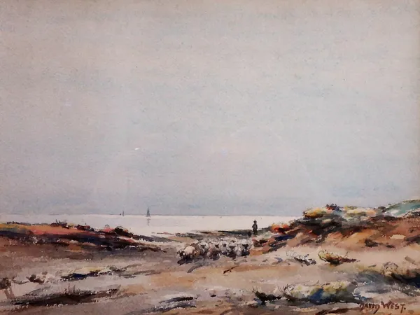 David West (1868-1936), A flock of sheep near the shore, watercolour, signed, 23cm x 30cm.