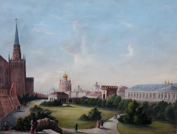 Russian School (19th century), Walking in the Alexandrovsky Gardens, The Cathedral of Christ the Redeemer beyond, gouache, 22cm x 28.5cm.