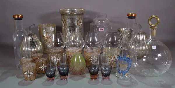 Glassware including; decanters, drinking vessels, silvered vases and models of gourds and sundry, (qty).  S4M