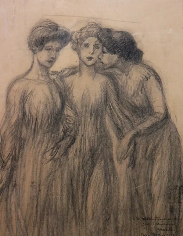 Theophile Alexandre Steinlen (1859-1923), Les Trois Graces, charcoal, signed, inscribed and dated Janvier 1908, 53cm x 42cm.