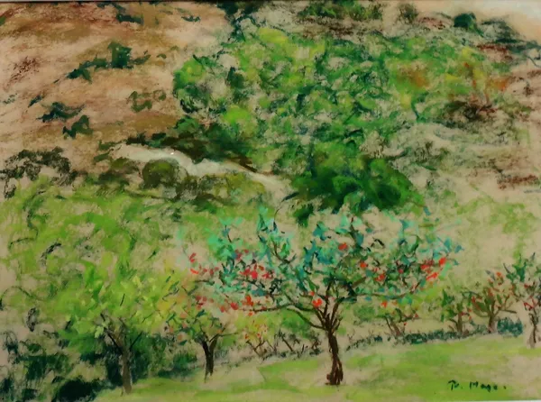 Paul Maze (1887-1979), Downland scene with trees in bloom, pastel, signed, 26cm x 36cm. DDS