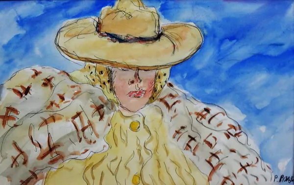 Paul Maze (1887-1979), Jessie in hat  and cape, watercolour, pen and ink, signed, 17cm x 28cm. DDS