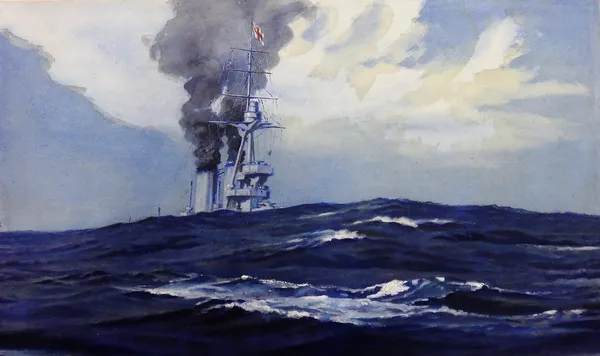 Kenneth Allington Yockney (20th century), Battleship in high seas, waercolour, signed and dated 1922, unframed, 38cm x 64.5cm. DDS    4657