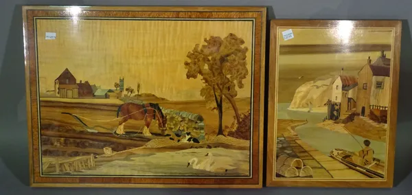 A 20th century specimen wood plaque depicting a country scene, 44cm wide x 34cm high and another smaller depicting a coastal scene, 24cm wide x 32cm h