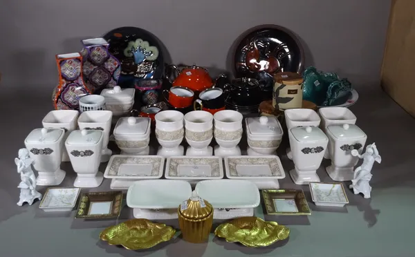 Ceramics, including; a quantity of white glazed lidded pots and goblets, Havilland porcelain part tea set, turquoise studio pottery dish and sundry, (