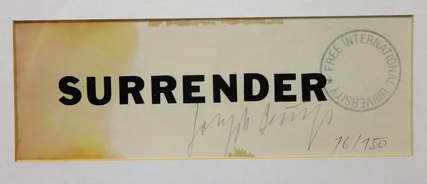 Joseph Beuys (1921-1986), Surrender II, shoe polish and stamp on paper, signed and numbered 16/150, 7.5cm x 21.5cm. DDS