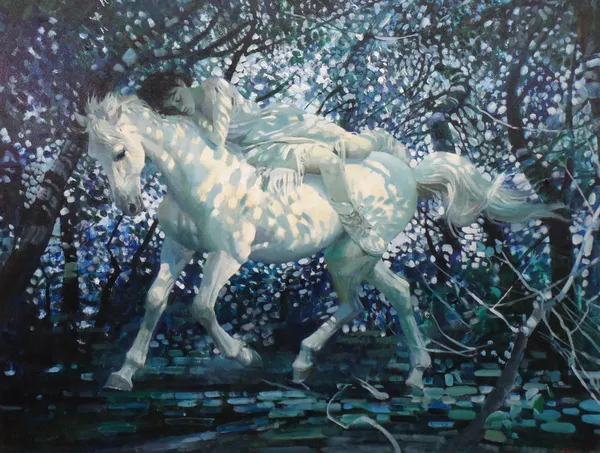 ** Jongyen ? (contemporary), Dreaming rider, oil on canvas, indistinctly signed and dated, 76cm x 100cm.