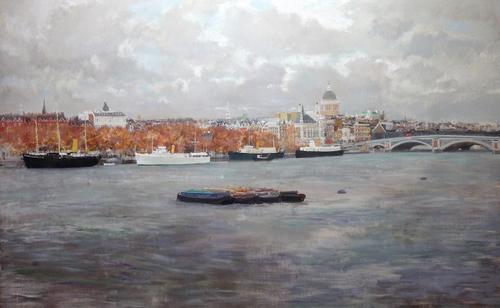 British School (20th century), View on the Thames towards St Pauls and Blackfriars Bridge, oil on board, 150cm x 242cm.