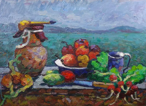 Michail Vladimirovich Matorin (1901-1976), Still life of peppers and radishes on a ledge, oil on canvas, 60cm x 84cm.  Provenance: Anon. sale, Lots Ro