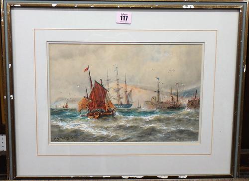 Follower of Thomas Bush Hardy, shipping at the harbour mouth, watercolour, bears a signature, 21cm x 32cm, a portrait of a lady by William Orpen and a
