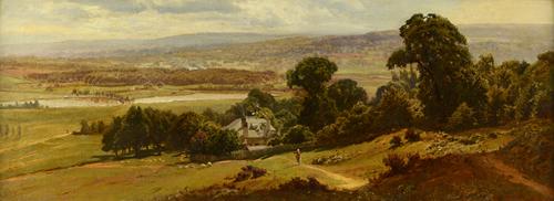 Edward Henry Holder (1847-1922), An extensive landscape, possibly the Surrey Hills, oil on canvas, signed and dated '95, 31cm x 85cm. Illustrated