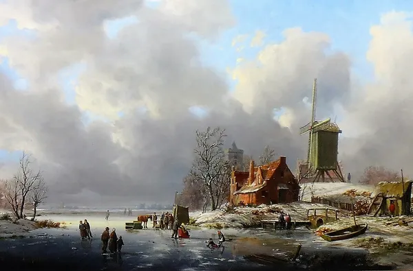 A. de Groote (1892-1947), A Dutch frozen winter landscape, oil on panel,  signed, 41cm x 60cm.