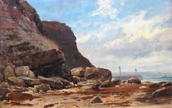 English School (19th century), A rocky coastline, oil on canvas, bears a monogram,  26cm x 41cm.