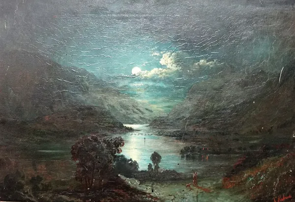 C** R**, in the manner of Samuel Pether, Moonlit river scene, oil on canvas, indistinctly signed, unframed, 50cm x 75cm.