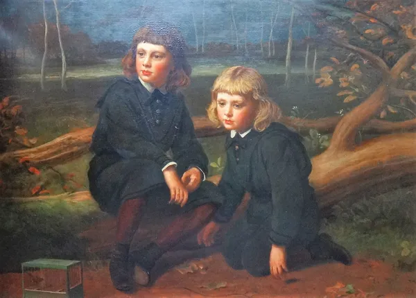 James Sant (1820-1916), Portrait of two young boys in the woods, oil on canvas, signed with monogram, 103cm x 144.5cm.