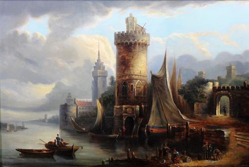 After Zuccarelli, A busy dock side scene, oil on canvas, 41cm x 61cm.