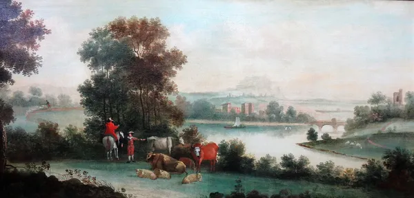 Continental School (19th century), Figures and animals in a pastoral landscape, oil on canvas, 58cm x 122cm.