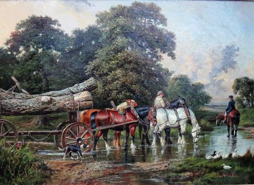 Manner of Richard Ansdell, A log cart crossing a ford, oil on canvas, bears a signature, 49cm x 69cm.