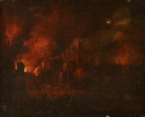 After Egbert van der Poel, Burning town by night, oil on canvas, 39cm x 50cm. Illustrated