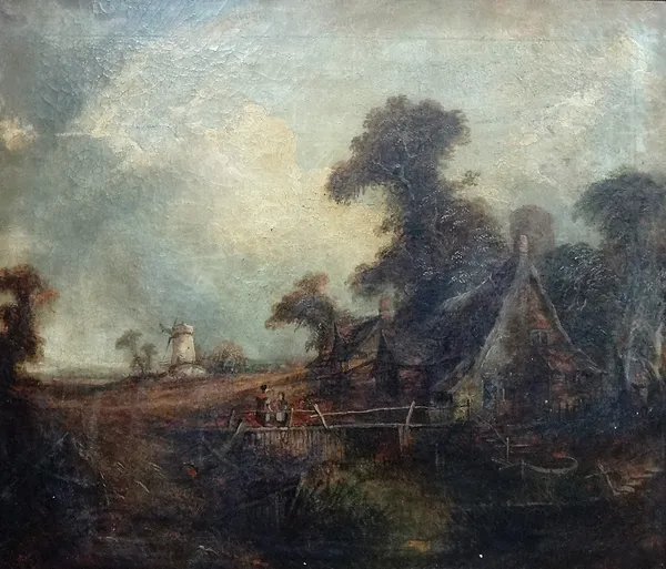 Follower of Patrick Nasmyth, Figures crossing a bridge near a cottage, a windmill beyond, oil on canvas, 75cm x 87cm.