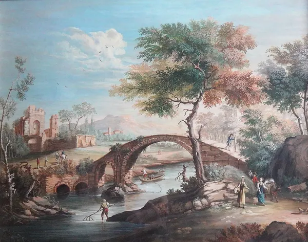 Italian School (18th/19th century), A Classical Italianate landscape with figures near a bridge, tempera, 29.5cm x 37cm.